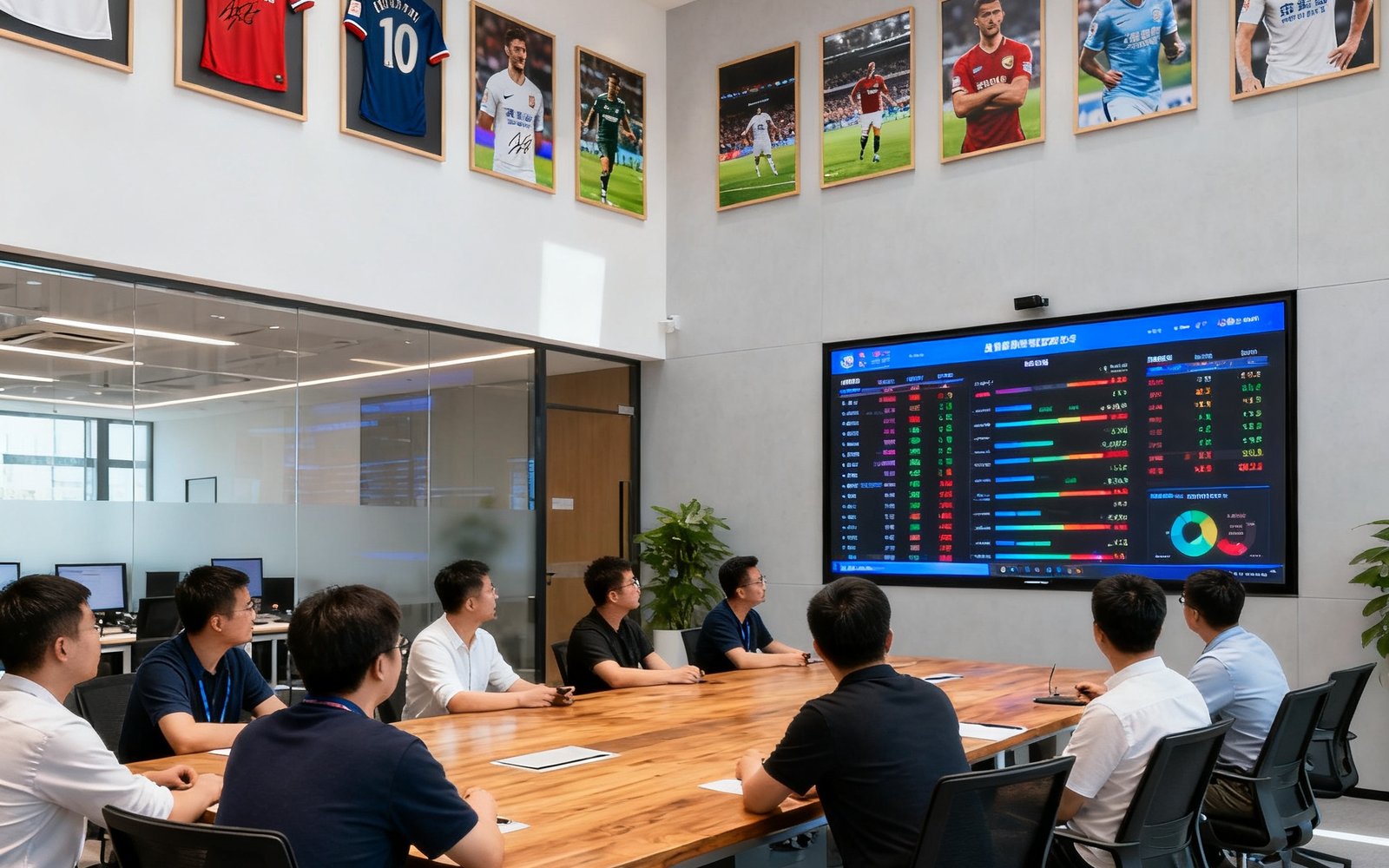熊猫体育北京总部办公室内景，开放式办公区域配备大型LED屏幕显示实时体育数据，十几位员工围绕长桌进行内容策划讨论，墙上挂满签约运动员的签名球衣和赛事海报。