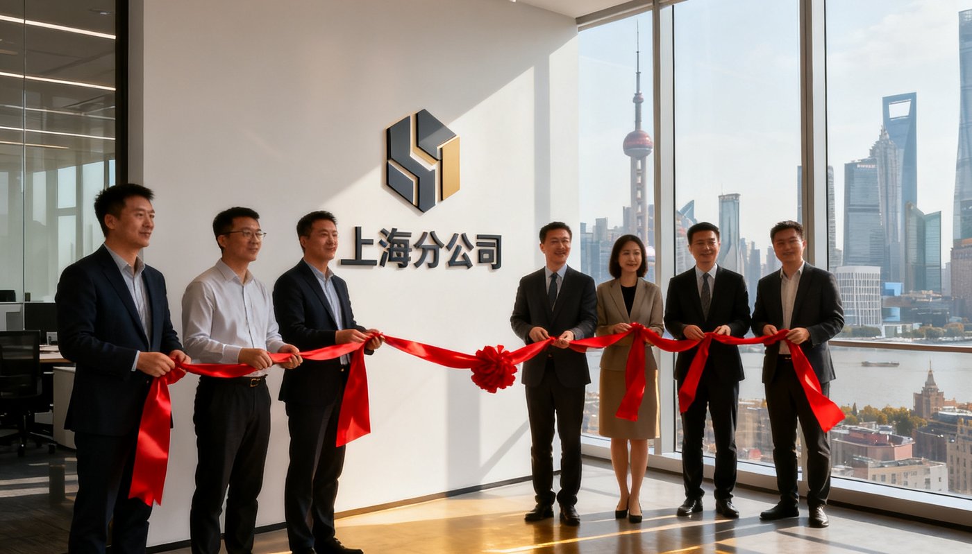 上海分公司开业剪彩仪式，核心管理团队手持红绸带站在新办公室LOGO墙前，办公室装修风格现代简约，透过落地窗可见上海城市天际线。