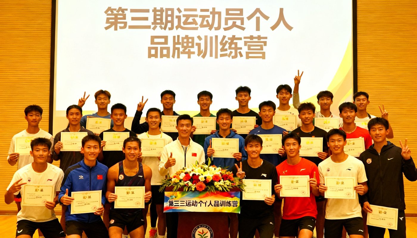 训练营结业典礼现场，25位年轻运动员手持结业证书围在讲台前合影，背景投影屏幕上显示'第三期运动员个人品牌训练营'字样，气氛活跃。