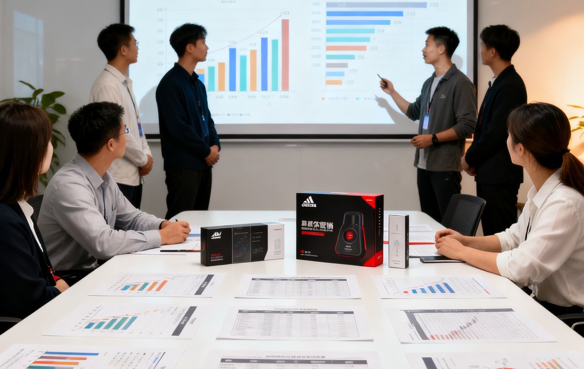 品牌营销策划会议场景，白色桌面上摆放着数据分析报告和品牌方产品，团队成员正在演示PPT，屏幕上显示体育营销ROI数据模型。