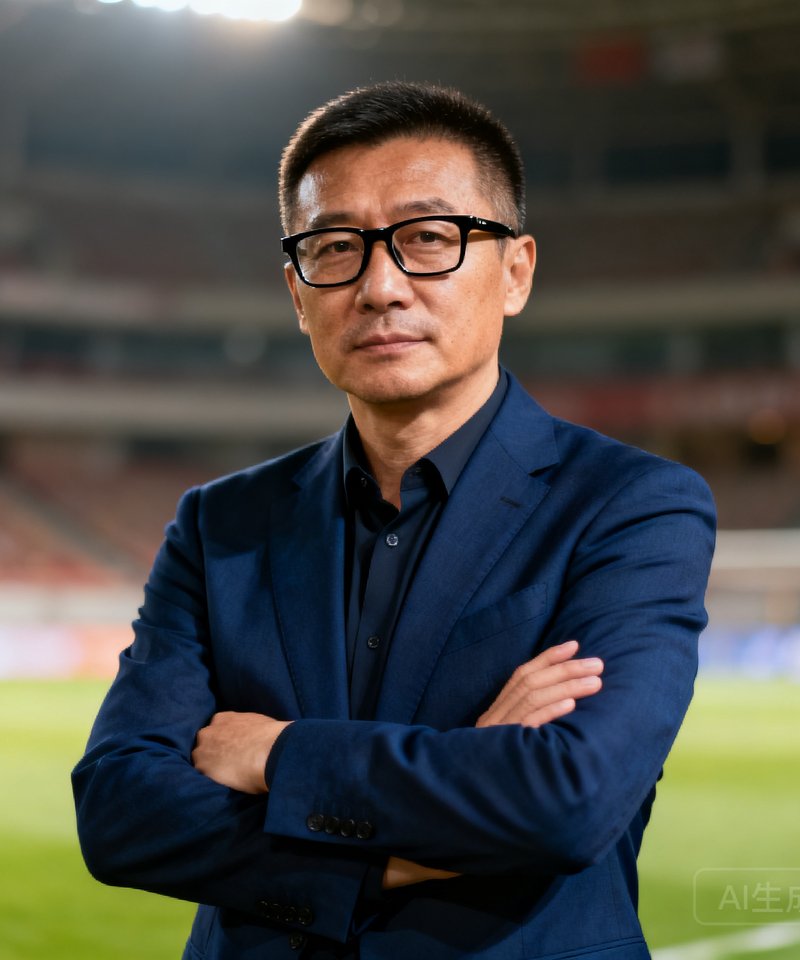 李明远，熊猫体育创始人兼CEO，45岁男性，短发戴黑框眼镜，穿着深蓝色西装外套，双手交叉置于胸前，背景为体育场馆内部，表情沉稳专业。