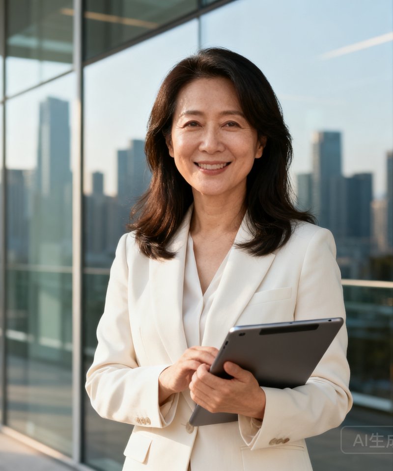 王思涵，联合创始人兼首席增长官，38岁女性，中长发自然垂落，穿着米白色西装，手持平板电脑，站在现代化办公室玻璃幕墙前，微笑自信。