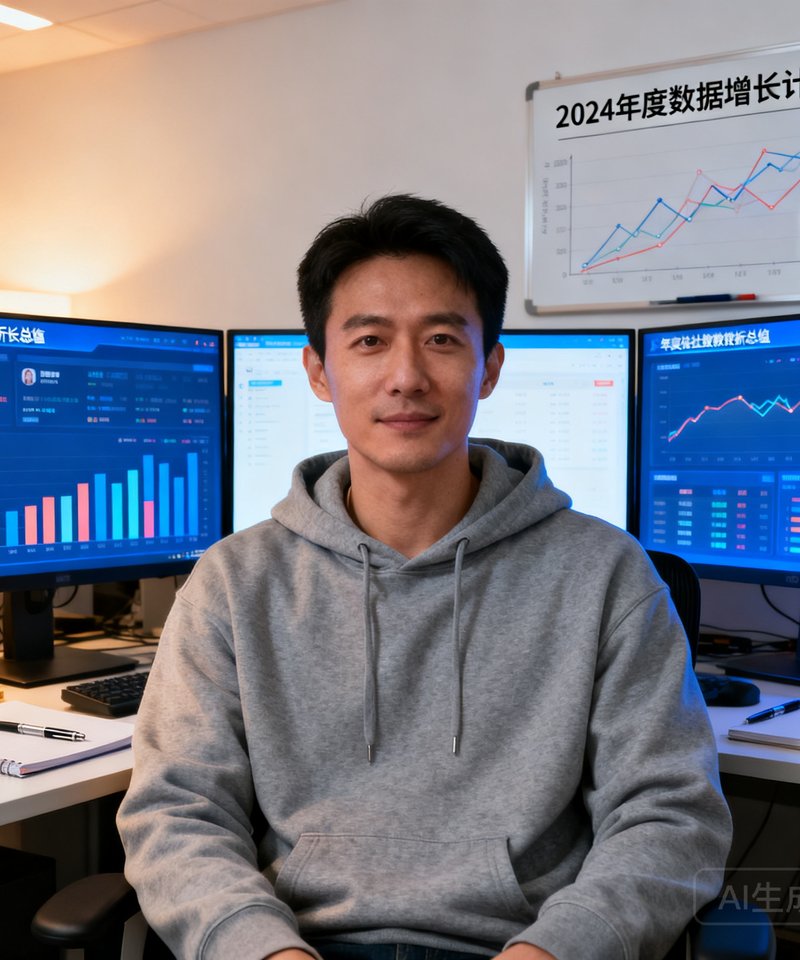 赵峻，数据分析总监，30岁男性，穿着灰色连帽卫衣，坐在满是数据图表的办公室中，面前摆放着三台显示器显示实时社媒数据看板。